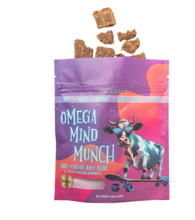 Dog treat package with sunglasses-wearing cow on skateboard design.