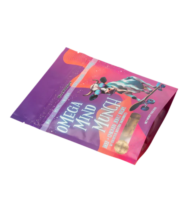 Colorful snack packaging with a cow on a skateboard, labeled 'Omega Mind Munch.'
