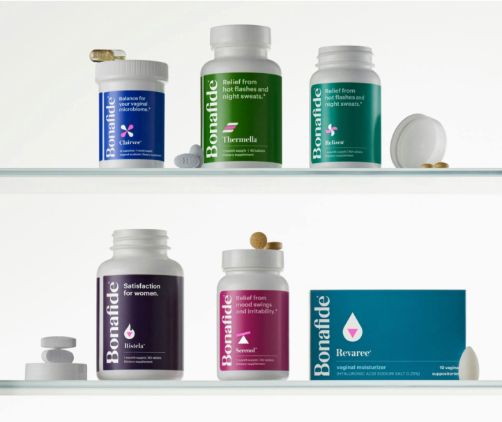 Bonafide supplements for women's health organized on two shelf levels.