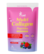 Pink packaging of multi-collagen peptides with mixed berry flavor.