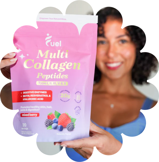 Person holding a bag of mixed berry multi-collagen peptides.