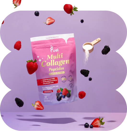 Pink collagen peptides pouch surrounded by floating berries on a purple background.