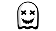 A spooky ghost with cross eyes and a jagged mouth on a black background.