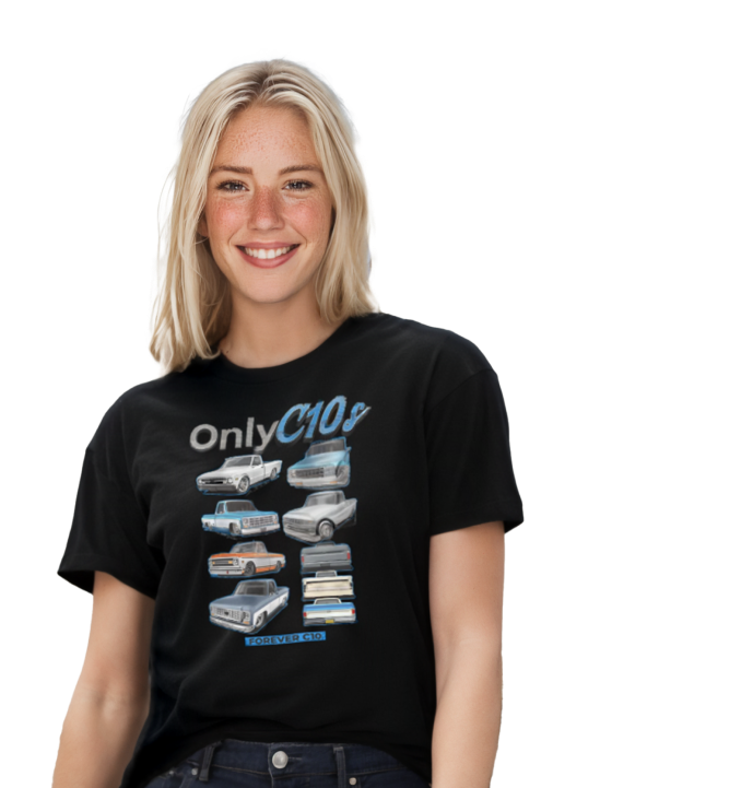 Smiling person wearing an 'Only C10s' t-shirt with various vehicles displayed.