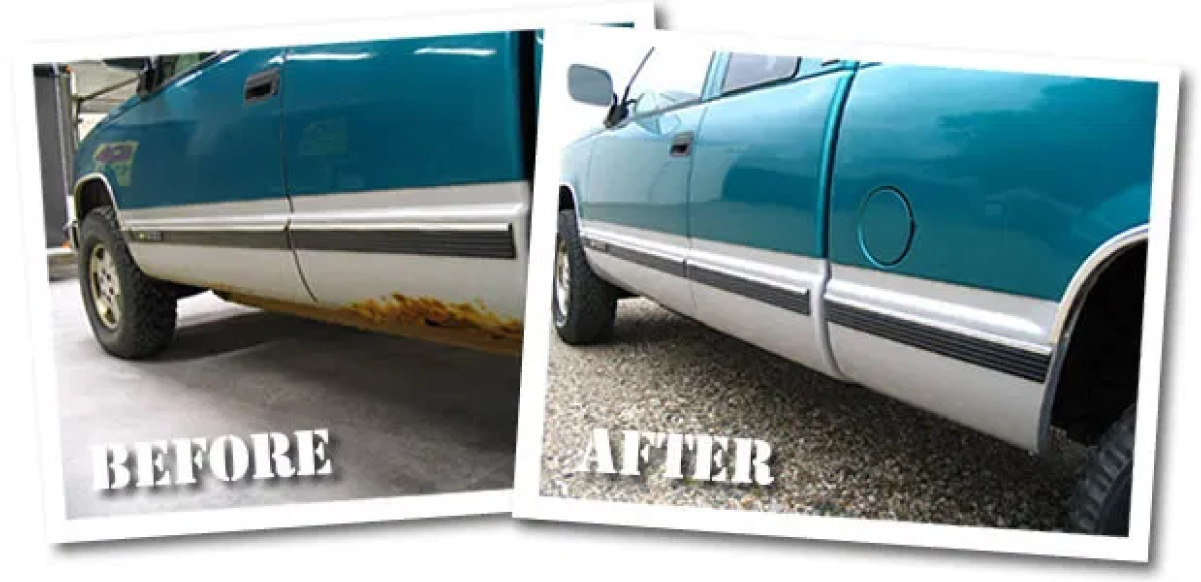 Before and after images of truck side with rust removed.