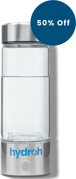 Clear water bottle with 'hydroh' logo, offering a 50% discount.