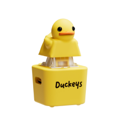 A cute yellow toy duck sitting on a box labeled 'Duckeys.'