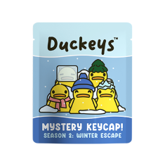 Duckeys mystery keycap packaging featuring cartoon ducks in winter attire.