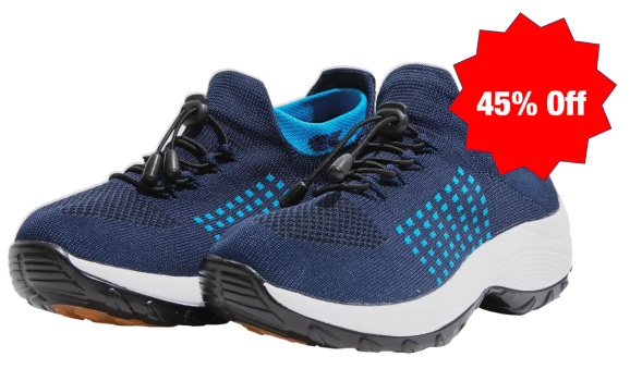 Blue athletic shoes with white soles and a 45% off discount sticker.
