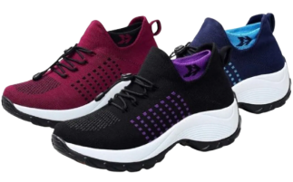 Three pairs of athletic sneakers in red, black, and blue with white soles and black laces.
