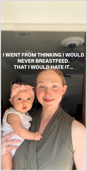 A woman holding a baby indoors, with a heartfelt caption about breastfeeding on the image.