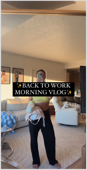 Person in a room with text overlay 'Back to Work Morning Vlog.'