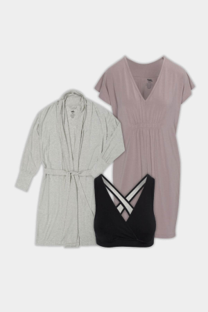 Three pieces of clothing: gray robe, pink dress, and black bralette displayed on a plain background.