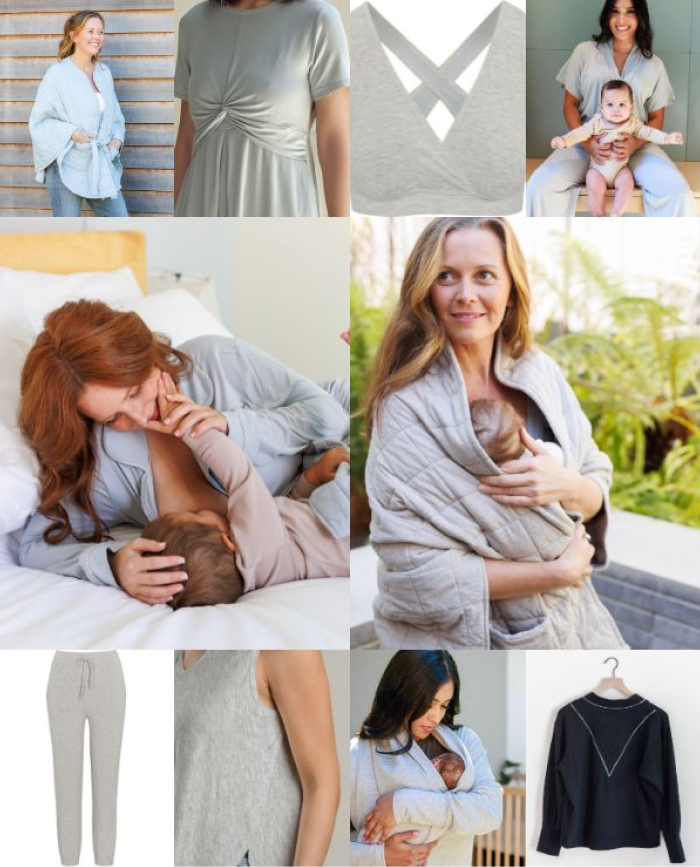Collage of women with babies and comfortable clothing.
