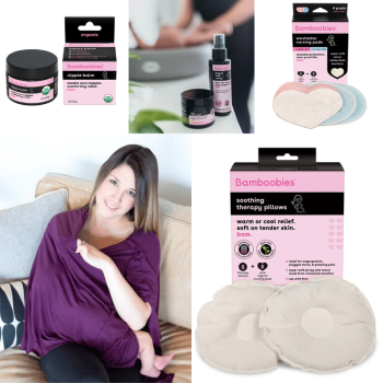 Products for nursing comfort: nipple balm, therapy pillows, and a nursing cover with a smiling woman.