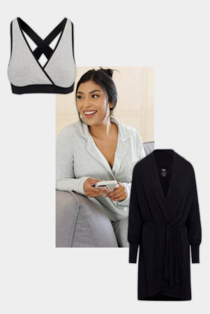 Woman in cozy loungewear with phone, alongside a bralette and robe.