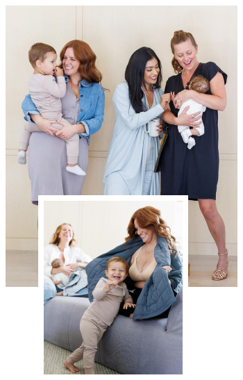 Three women with children smiling and interacting.