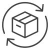 A line drawing of a box with circular arrows around it symbolizing recycling or returning items.