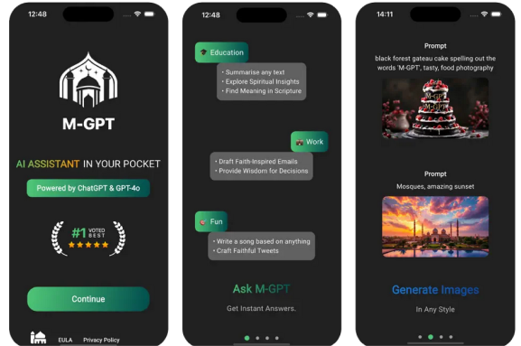 Screenshots of the M-GPT app showcasing features for education, work, and generating images.