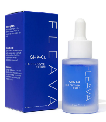 Blue bottle and box of Fleava GHK-Cu Hair Growth Serum with dropper.