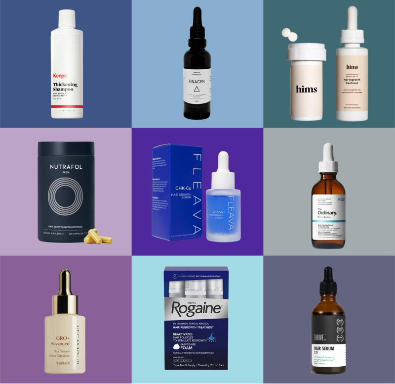 A grid of various hair growth and hair care products, including shampoos, serums, and supplements.