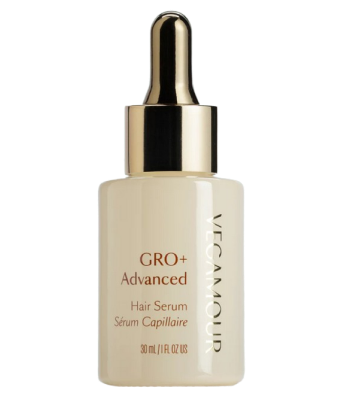 Vegan hair serum bottle labeled 'GRO+ Advanced' by Vegamour.