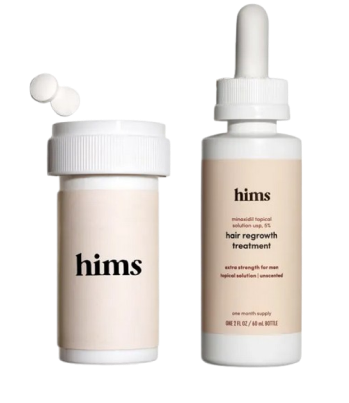 Bottle and pill container of hims hair regrowth treatment for men.