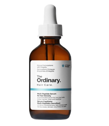 A bottle of The Ordinary Multi-Peptide Serum for Hair Density with a dropper lid.