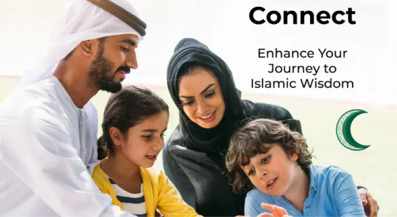 A family engaging in a learning activity with text promoting Islamic wisdom.