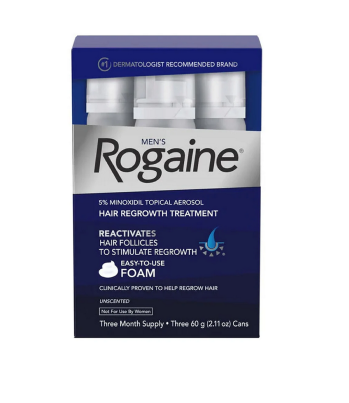 Men's Rogaine hair regrowth treatment foam, three cans, dermatologically recommended.