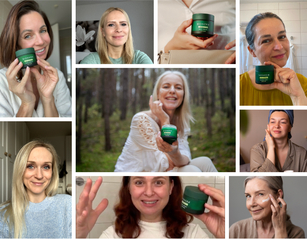 Collage of women holding and applying a green jar of Bionexa cream.