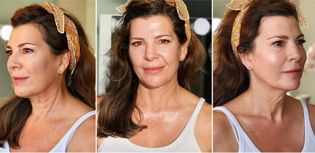 Three close-up portraits of a woman with a yellow headband, smiling slightly.