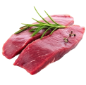 Two raw meat slices garnished with rosemary.