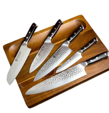 A set of five knives on a wooden board.