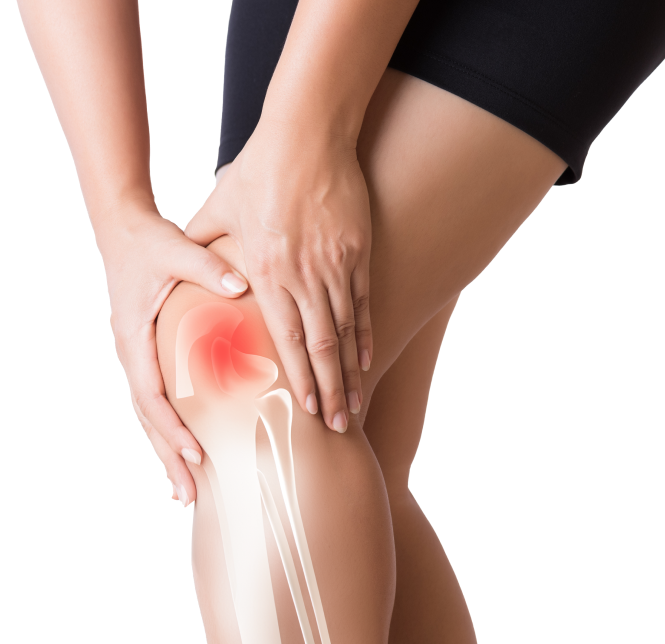 Person holding their painful knee with highlighted joint inflammation.