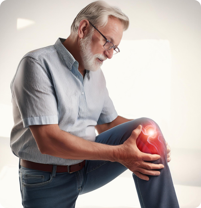 Older man holding his knee, indicating joint pain with a superimposed glowing effect.