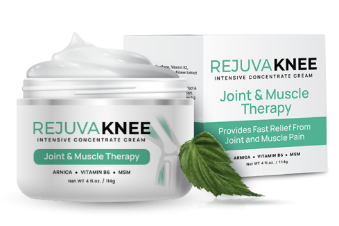 RejuvaKnee Joint & Muscle Therapy cream with packaging and a mint leaf.