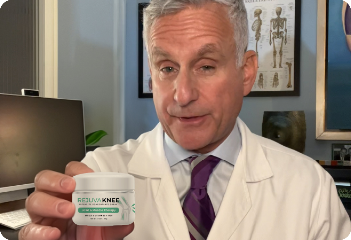 Doctor holding a jar of Rejuva Knee cream, promoting joint and muscle therapy.