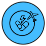 Blue circle with icons of pills, a lightning bolt, and an airplane.