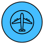 Icon of an airplane inside a blue circle.