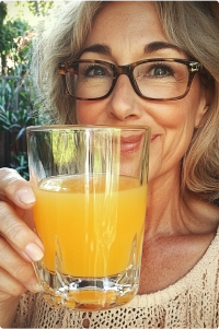 Woman smiling, holding a glass of orange juice outdoors.