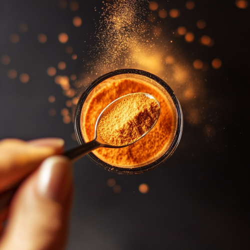 Hand holding a spoon with vibrant orange powder against a dark background.