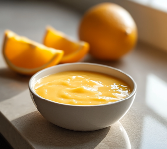 Bowl of creamy orange yogurt with fresh orange slices on a countertop.