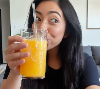 Person sipping orange juice with a straw while looking sideways.
