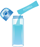 A packet labeled 'FLYWELL' being poured into a water bottle.