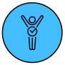 A person with arms raised and a checkmark, inside a blue circle.