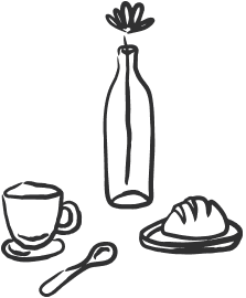 A sketched bottle with a flower, a cup, and a pastry on a saucer.