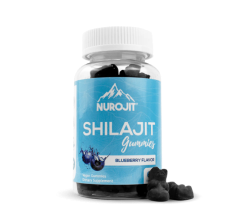 A bottle of Nurojit Shilajit gummies, blueberry flavored, with some gummies beside it.