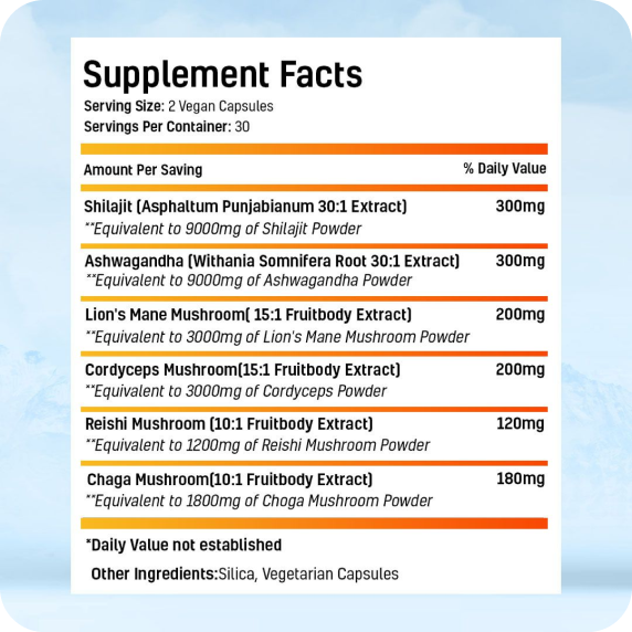 Supplement facts for vegan capsules with various extracts and their equivalent powder amounts.