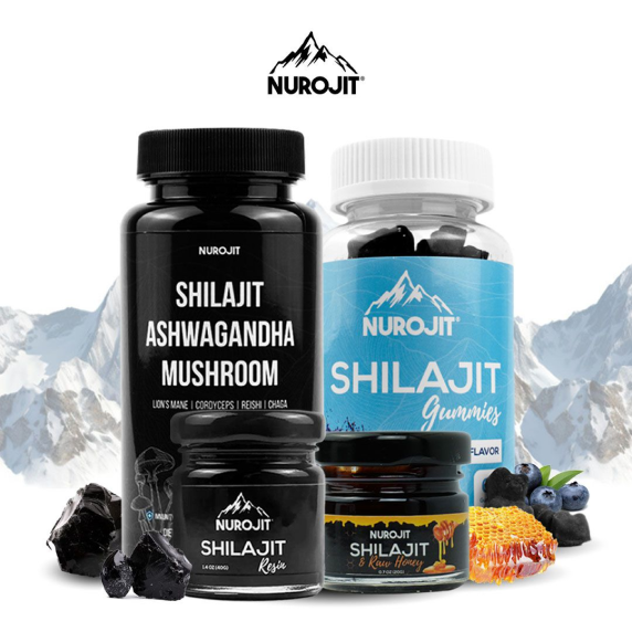 Nurojit products including Shilajit Ashwagandha Mushroom, gummies, resin, and raw honey.